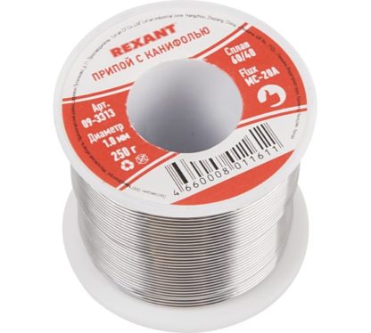 Припой 1,0мм с флюсом REXANT Sn60/Pb40 Flux 2.2% 250гр