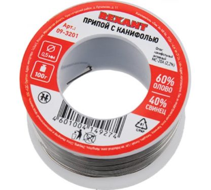 Припой 0,5мм с флюсом REXANT Sn60/Pb40 Flux 2.2% 100гр