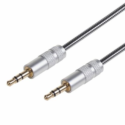 Кабель Jack 3,5(штекер) - Jack 3,5(штекер) (AUX) 1м круглый,металлические штекеры,кабель-металлический тросик