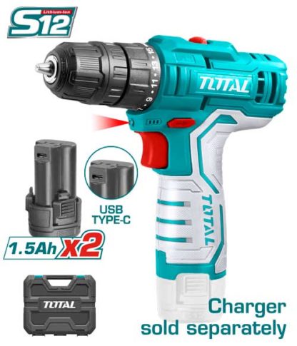 Аккумуляторная дрель-шуруповерт 20Нм, Li-ion 12V,1.5Ah (кейс, 2 аккумулятора, 1шт. Cr-V65мм) TOTAL