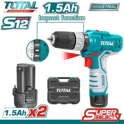 Аккумуляторная ударная дрель-шуруповерт 20 Нм, Li-ion 12V, 1,5Ah (кейс, 2 АКБ+ЗУ) TOTAL
