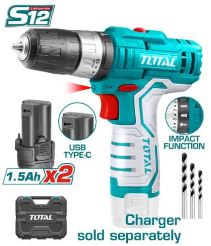 Аккумуляторная ударная дрель-шуруповерт 20Нм, Li-ion 12V,1.5Ah  (кейс, 2 аккумулятора3 сверл)  TOTAL