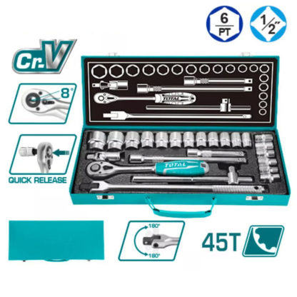 Набор головок 1/2" с трещоткой 24шт, материал Cr-V(50BV30) TOTAL