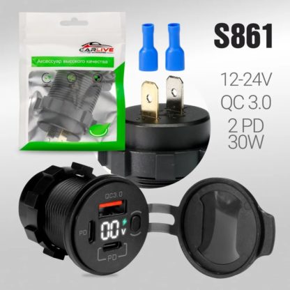 Разъем USB в авто (врезные) 12V-24V AC03  QC3.0 + 2 PD30W + Display