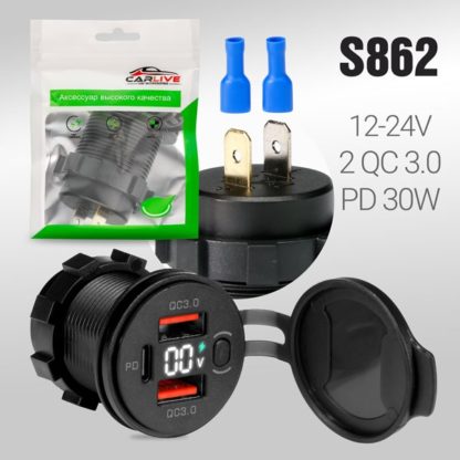 Разъем USB в авто (врезные) 12V-24V AC04 PD30W + 2 QC3.0 + Display